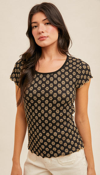 Salem Floral Lace Cabbage Hem Tee- Black