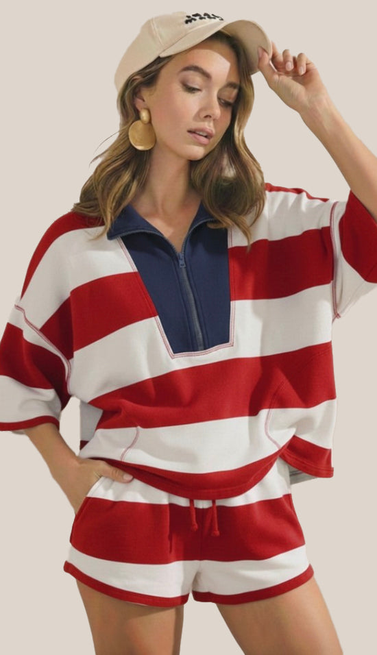Festive And Free Striped Top Front Zip Shorts Set- Red/Ivory