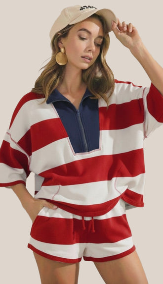 Festive And Free Striped Top Front Zip Shorts Set- Red/Ivory