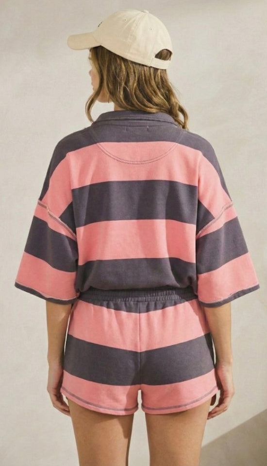 Festive And Free Striped Top Front Zip Shorts Set- Red/Ivory