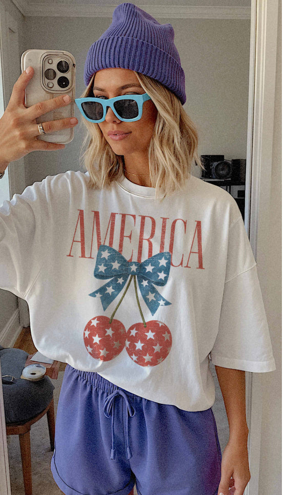 America USA Cherry Graphic Tee- Ivory