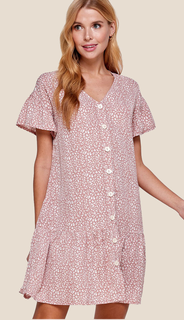 Leoni Animal Print Button Dress- Sage