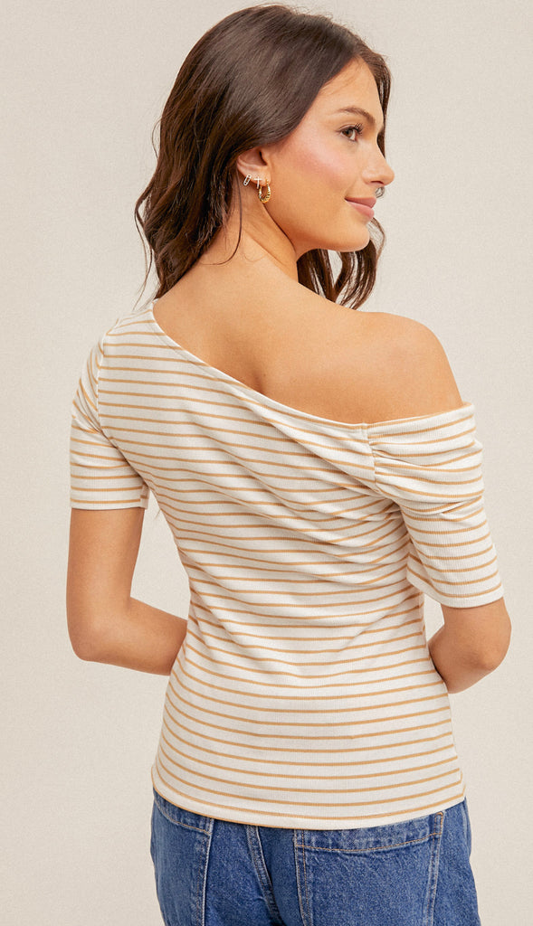 Charlie Asymmetrical Stripe Ribbed Top- Taupe