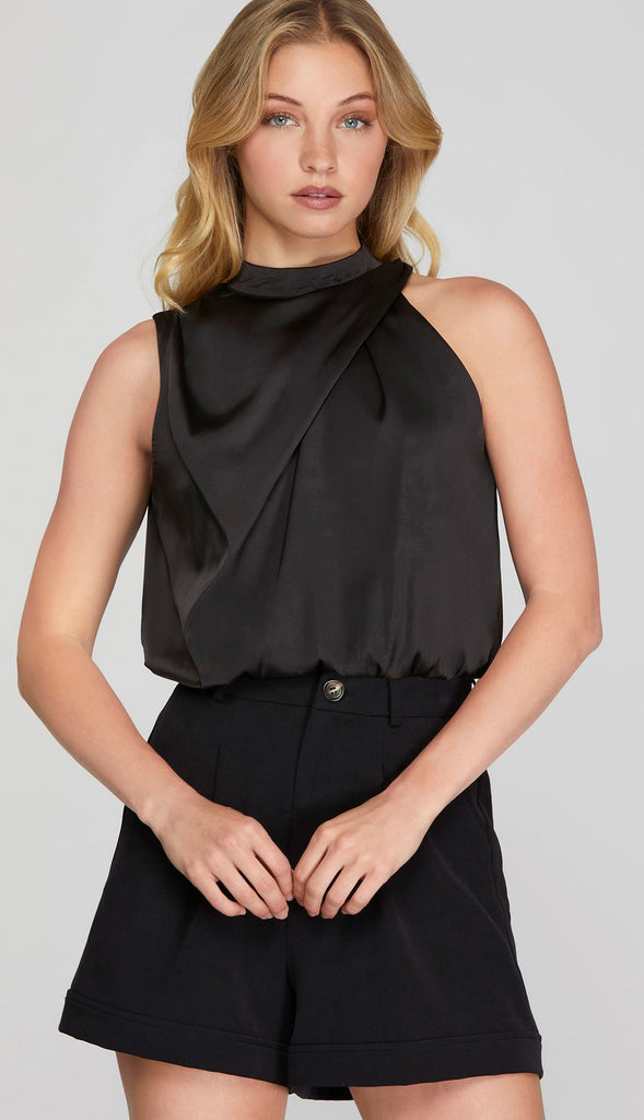 Bri Asymmetrical Mock Neck Top- Black
