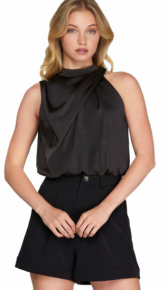 Bri Asymmetrical Mock Neck Top- Black