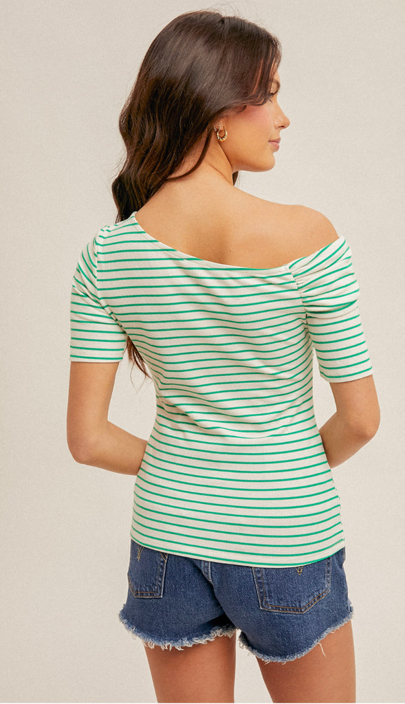 Charlie Asymmetrical Stripe Ribbed Top- Green