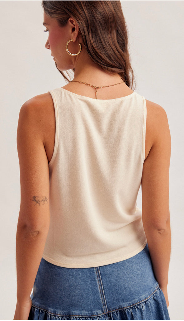 Bead Embellished Ruched Tank- Ecru