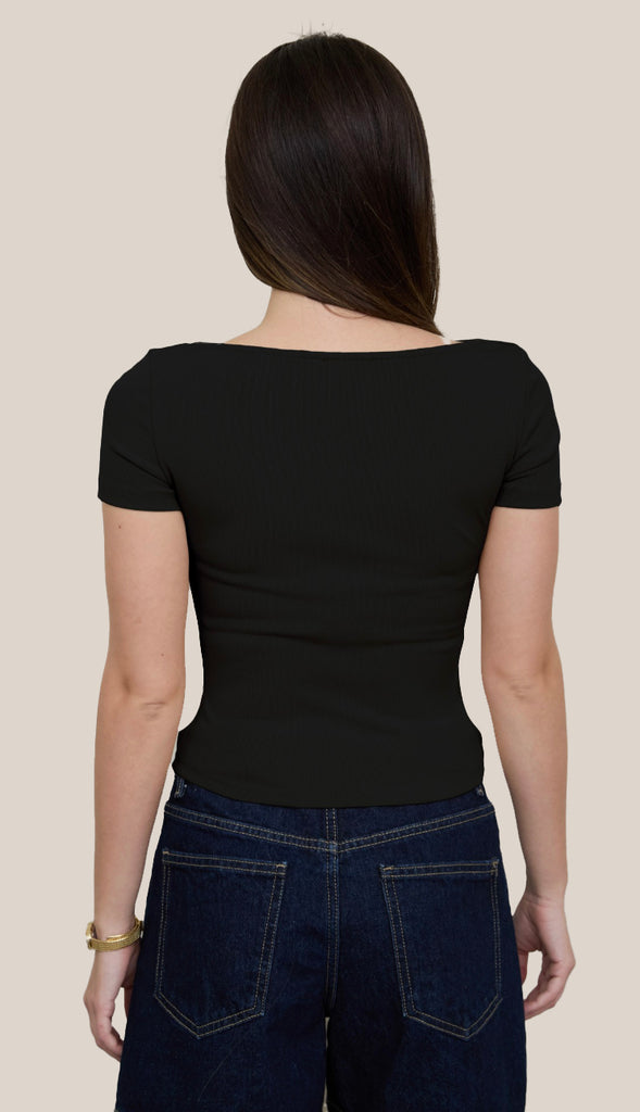 A Little Something Asymmetrical Ruched Neckline Short Sleeve Top- Black