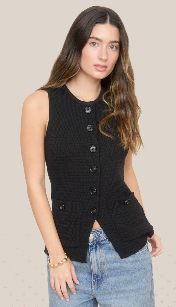 Kate Button Down Knit Vest Tank- Black