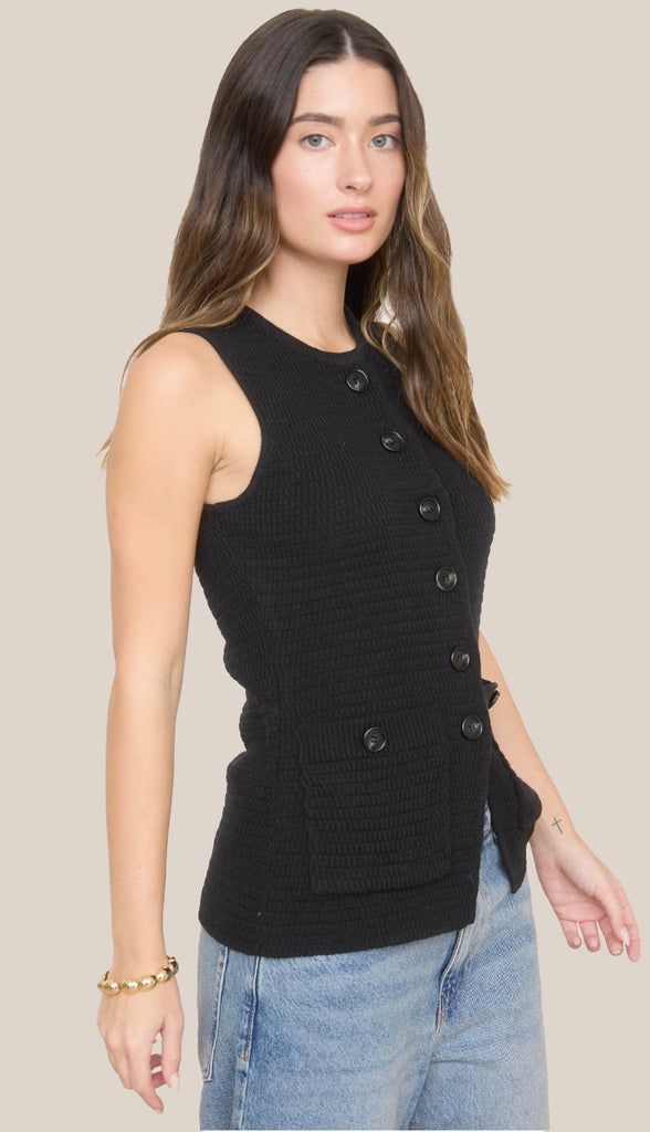 Kate Button Down Knit Vest Tank- Black