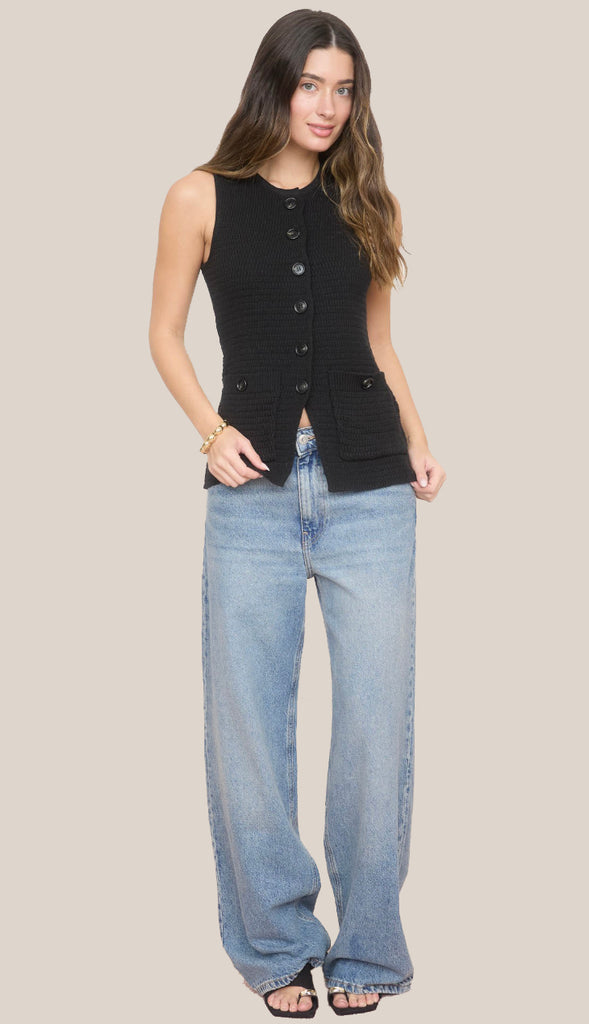Kate Button Down Knit Vest Tank- Black