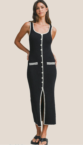 Zuri Knit Button Down Midi Dress- Black