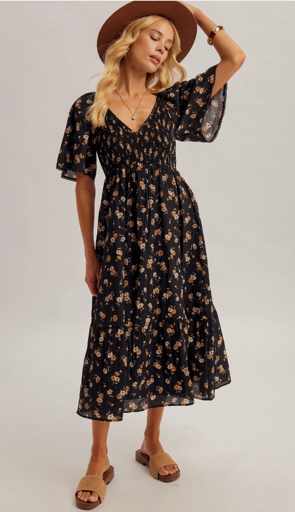 Darkest Daisy Smocked Flutter Sleeve Midi Dress- Black
