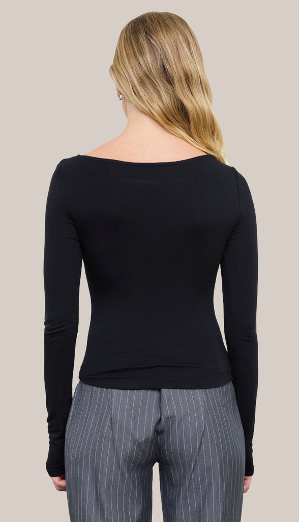 Asymmetrical Neck Ruched Long Sleeve Knit Top- Black