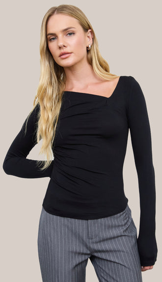 Asymmetrical Neck Ruched Long Sleeve Knit Top- Black