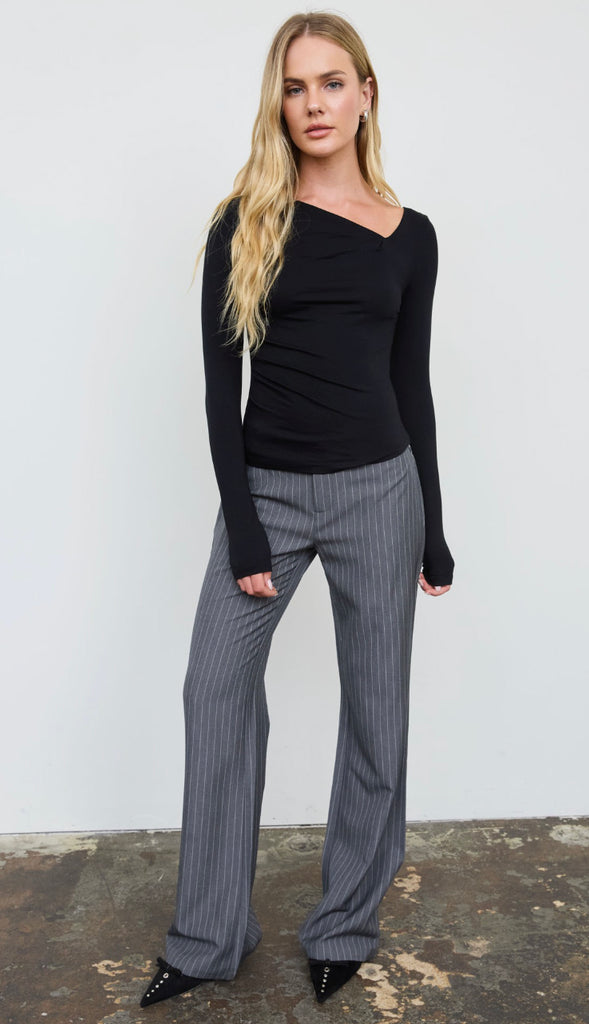 Asymmetrical Neck Ruched Long Sleeve Knit Top- Black