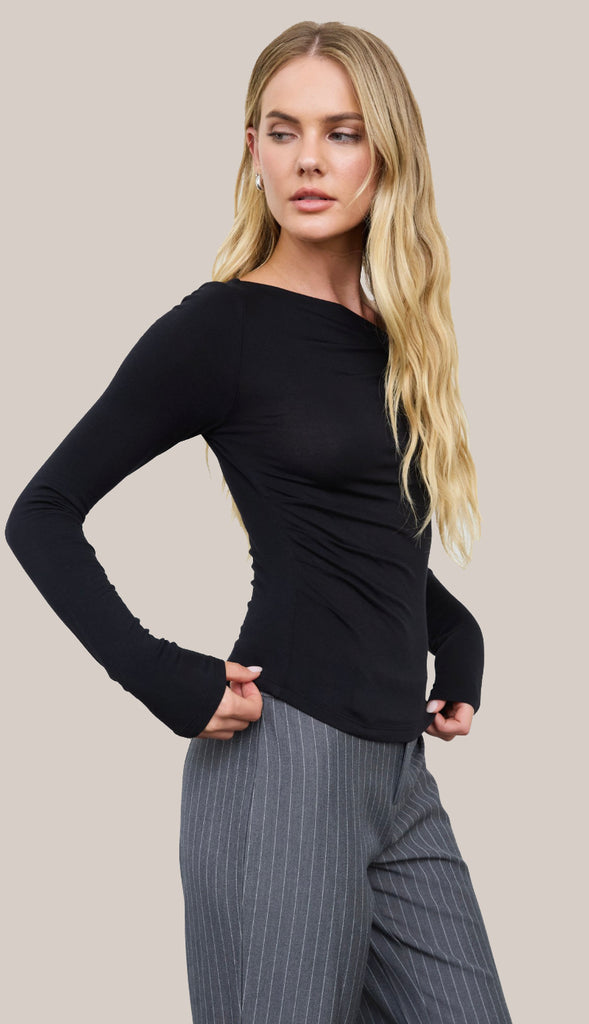 Asymmetrical Neck Ruched Long Sleeve Knit Top- Black