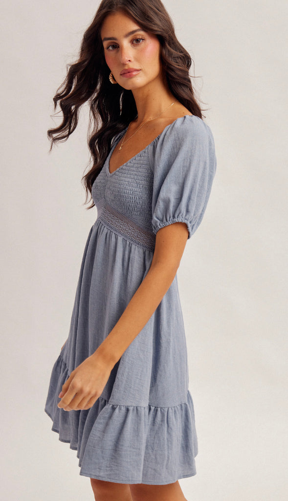Ocean Eyes Bubble Sleeve Smocked Baby Doll Dress- Denim Blue