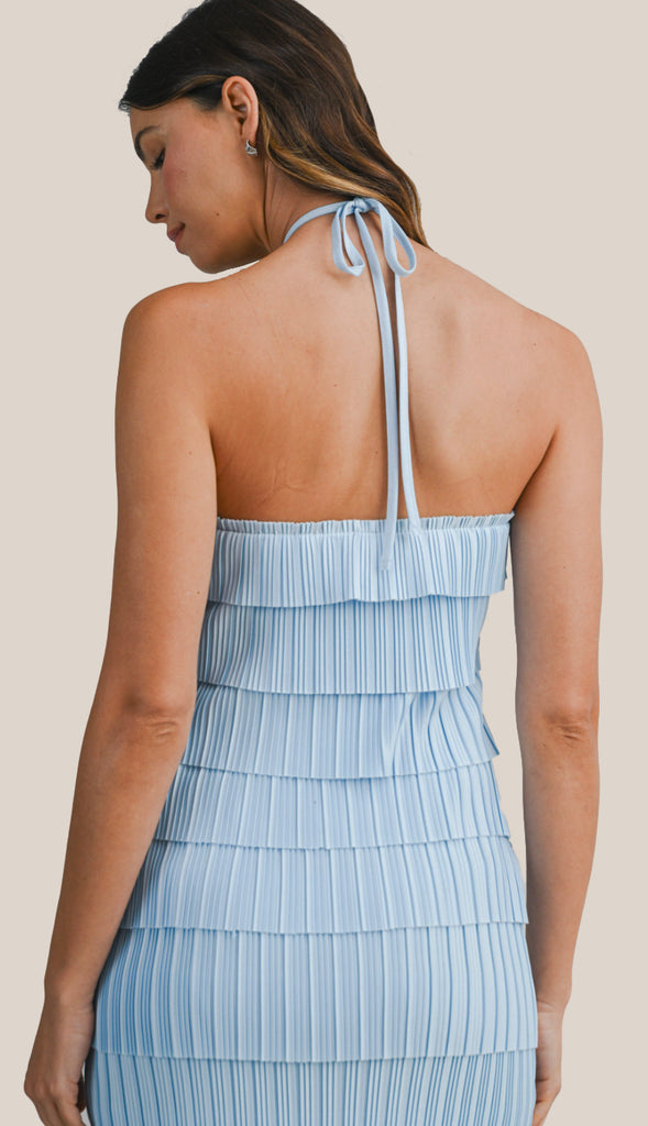 Timelessly True Pleated Strap Halter Neck Midi Dress- Lt. Blue