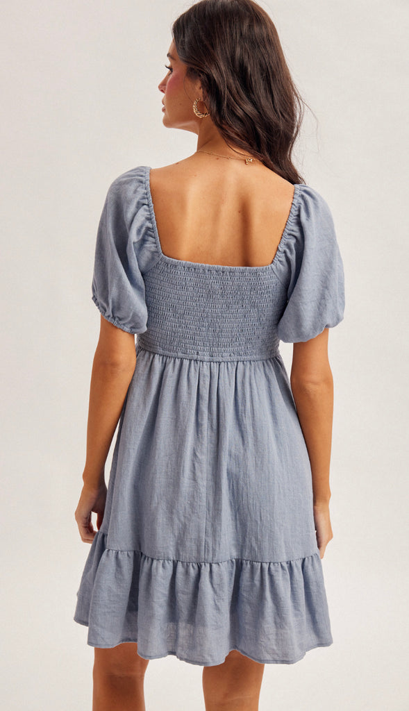 Ocean Eyes Bubble Sleeve Smocked Baby Doll Dress- Denim Blue