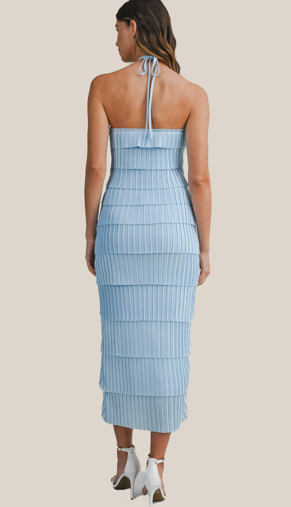 Timelessly True Pleated Strap Halter Neck Midi Dress- Lt. Blue