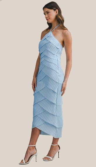 Timelessly True Pleated Strap Halter Neck Midi Dress- Lt. Blue