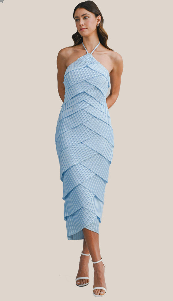 Timelessly True Pleated Strap Halter Neck Midi Dress- Lt. Blue