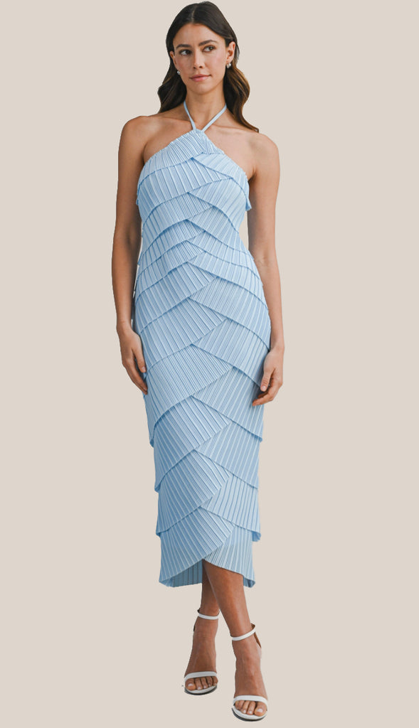 Timelessly True Pleated Strap Halter Neck Midi Dress- Lt. Blue