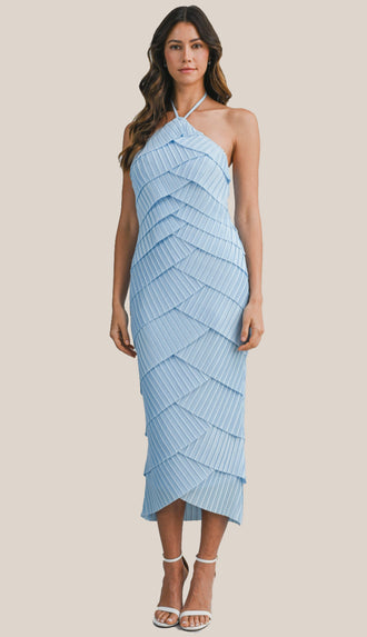 Timelessly True Pleated Strap Halter Neck Midi Dress- Lt. Blue