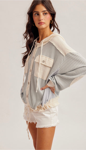 Everyday Ease Waffle Hoodie Top- Dusty Blue