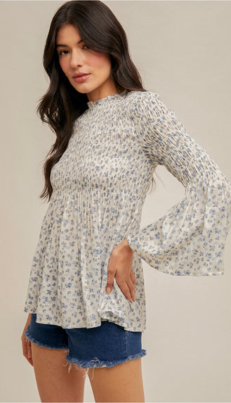 Faith Smocked Floral Print Top- White/Blue