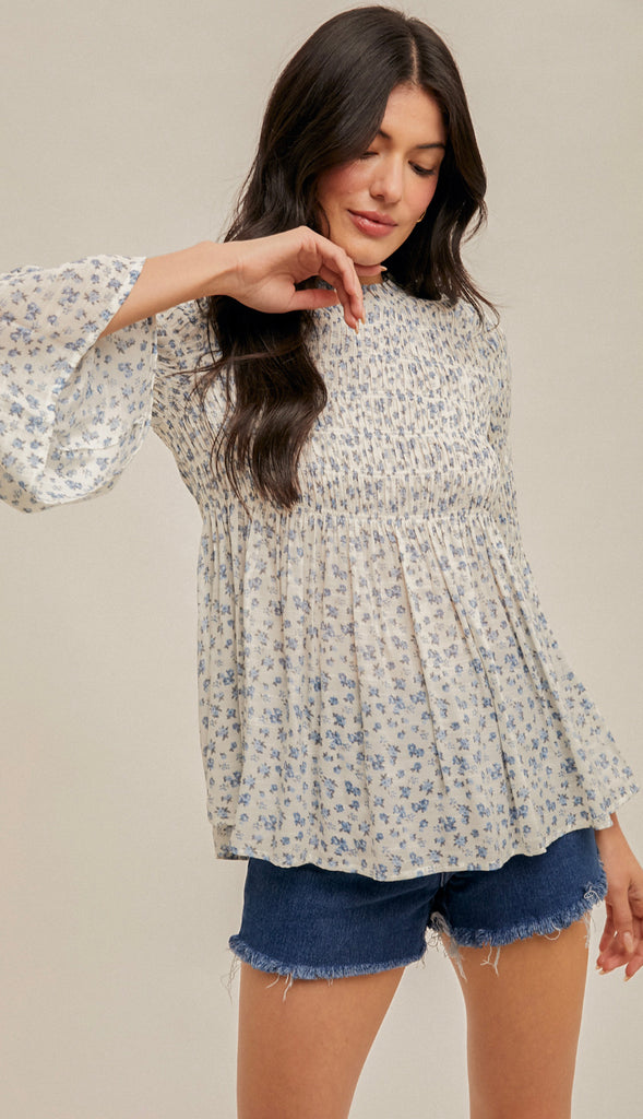 Faith Smocked Floral Print Top- White/Blue