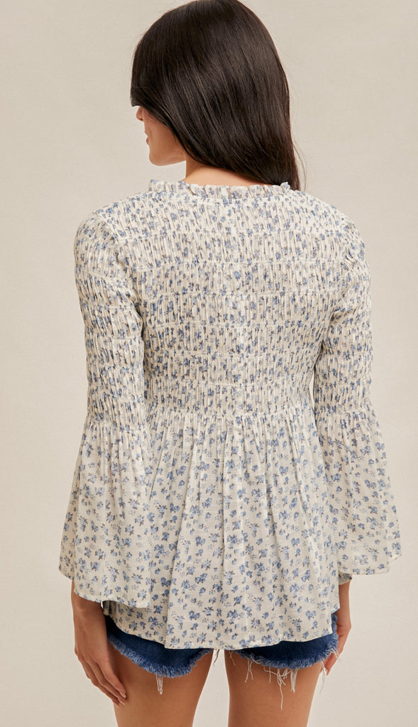 Faith Smocked Floral Print Top- White/Blue