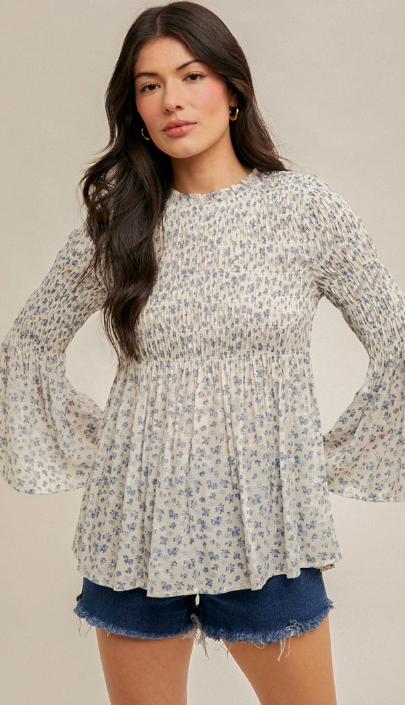 Faith Smocked Floral Print Top- White/Blue