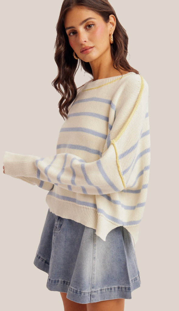 Blue Sky Day Stripe Boxy Crop Sweater- Off White/Blue