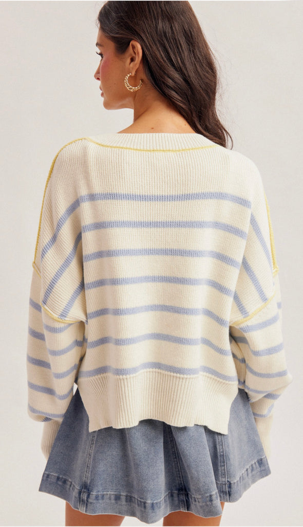 Blue Sky Day Stripe Boxy Crop Sweater- Off White/Blue
