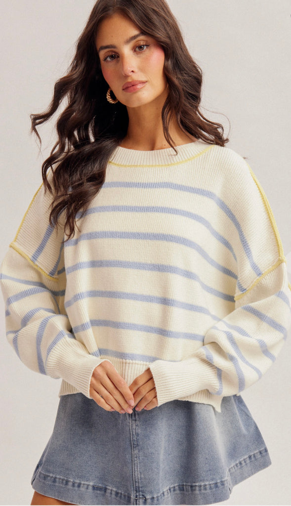 Blue Sky Day Stripe Boxy Crop Sweater- Off White/Blue