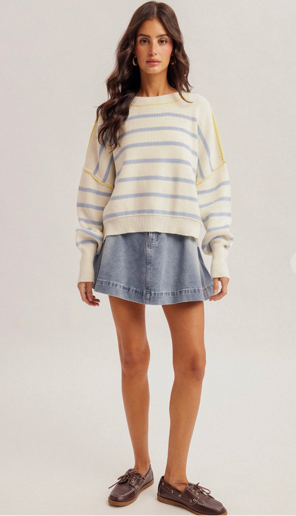 Blue Sky Day Stripe Boxy Crop Sweater- Off White/Blue