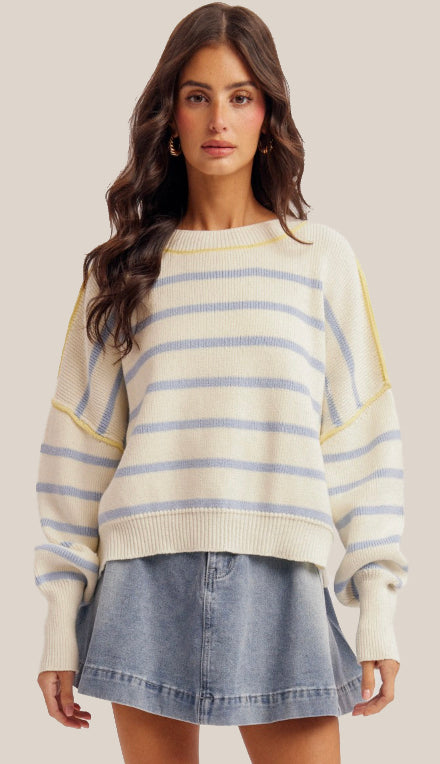 Blue Sky Day Stripe Boxy Crop Sweater- Off White/Blue