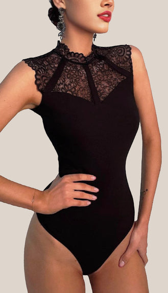 Going Out Lace Sleeveless Bodysuit- Black