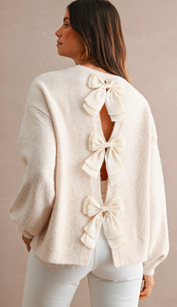 Three Bows Open Back Sweater- Heather Grey