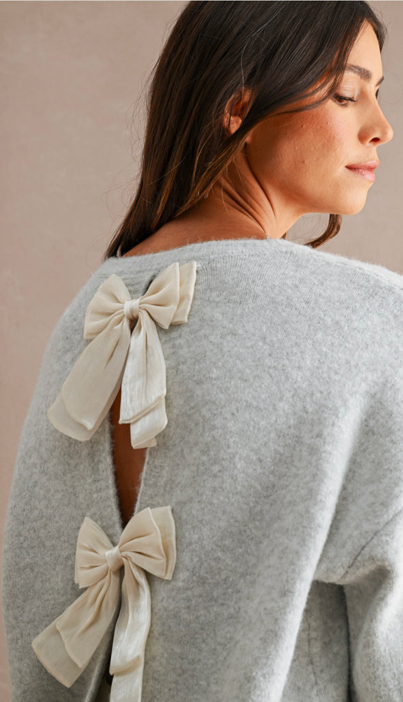 Three Bows Open Back Sweater- Oatmeal