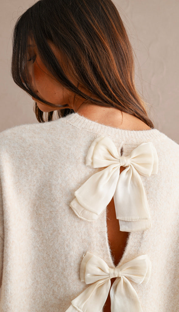 Three Bows Open Back Sweater- Heather Grey