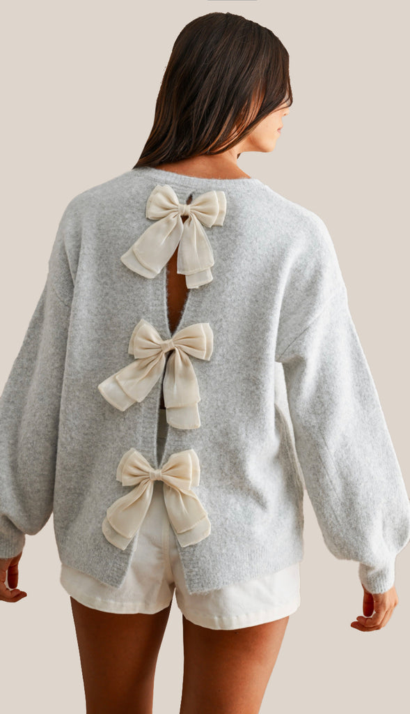 Three Bows Open Back Sweater- Heather Grey