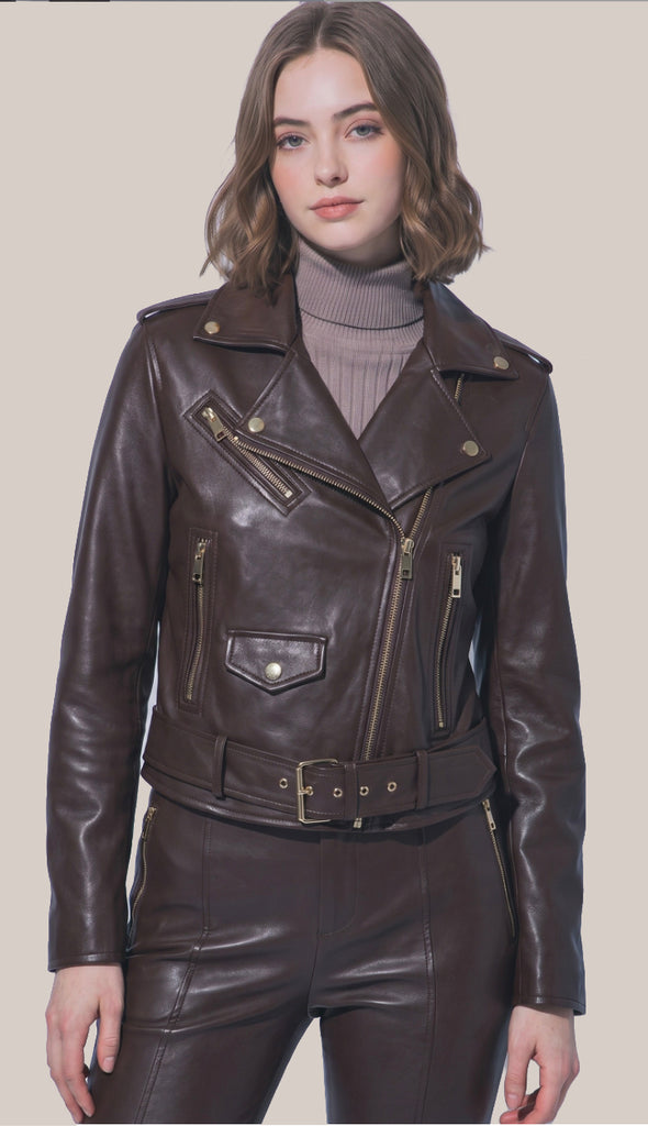 Callie Fitted Leather Jacket- Choco Brown