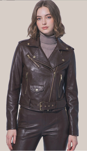 Callie Fitted Leather Jacket- Choco Brown