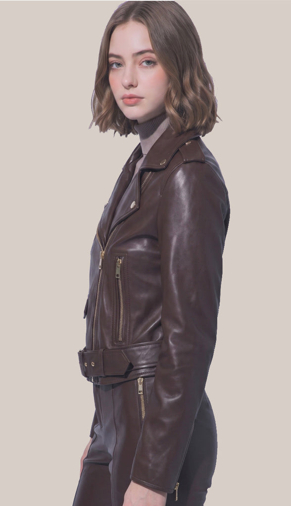 Callie Fitted Leather Jacket- Choco Brown