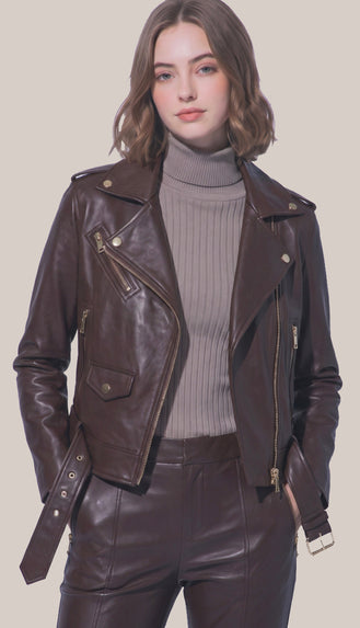 Callie Fitted Leather Jacket- Choco Brown