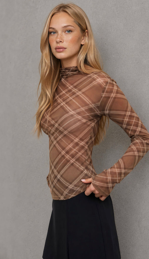 Betsy Plaid Mesh Mock Neck Top- Brown Multi