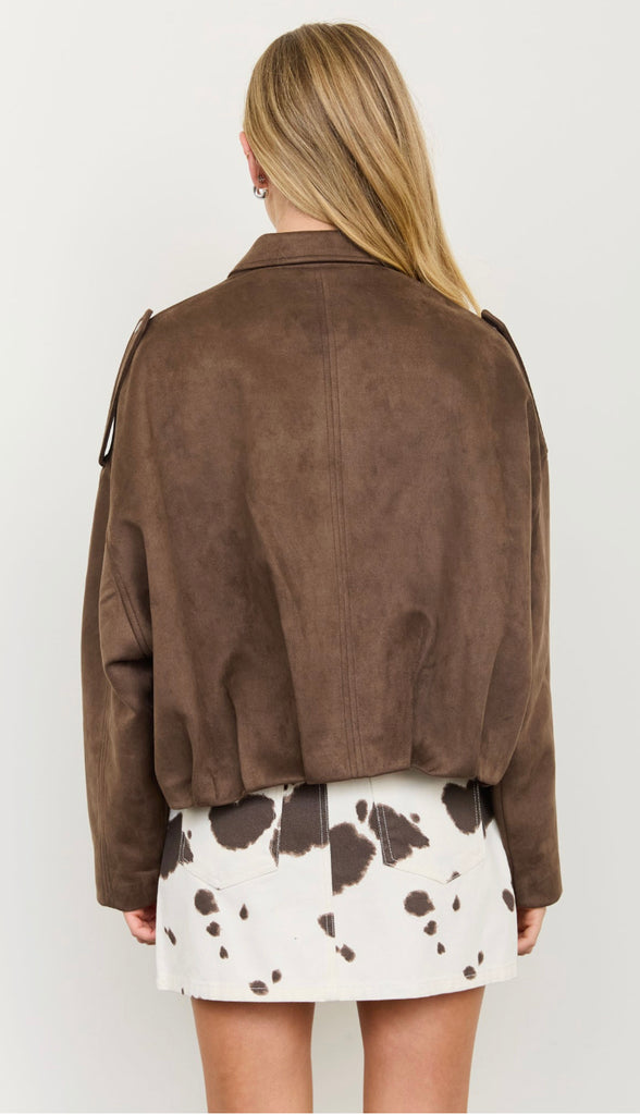 Epaulet Suede Collared Zip Up Cropped Jacket- Dark Brown